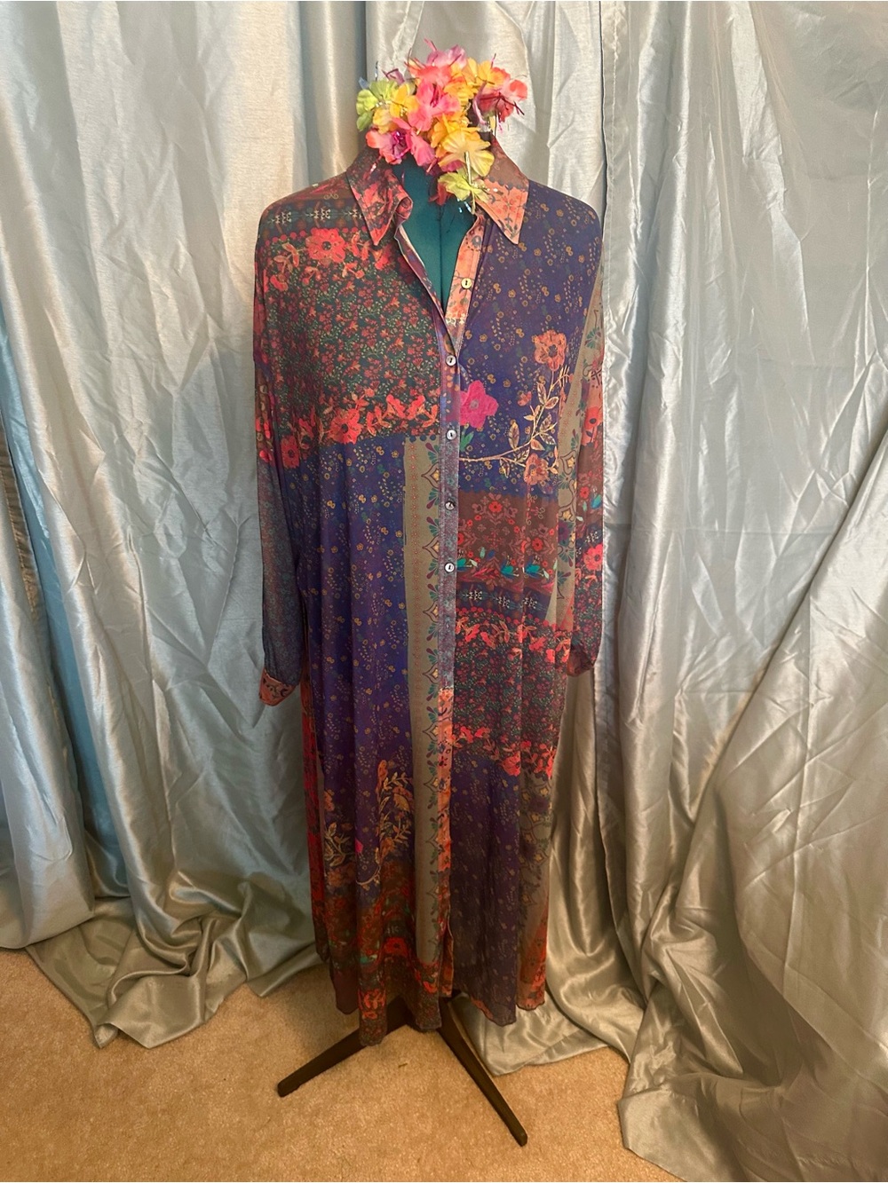 NATURAL LIFE Jewel Tones Multi Floral Patchwork Button-Front Mesh Maxi Dress XL
